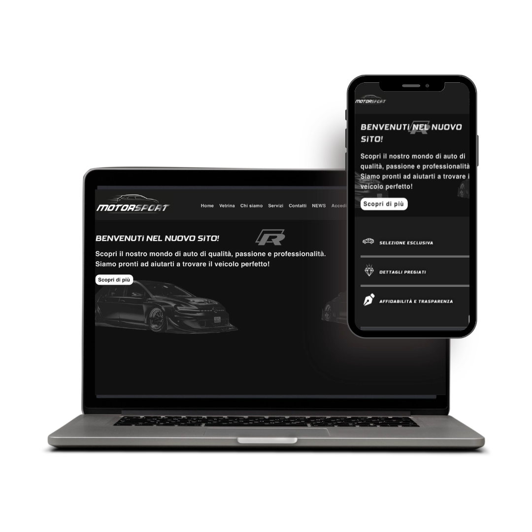 Portfolio siti web. Schermo di pc portatile e di cellulare in cui si vede un sito di vendita automobili creato da noi